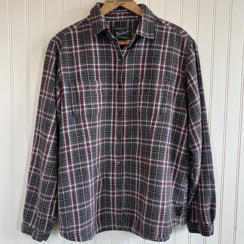 Woolrich Women's 100% Cotton Black Gray Plaid LS Flannel Button Down, Sz Medium